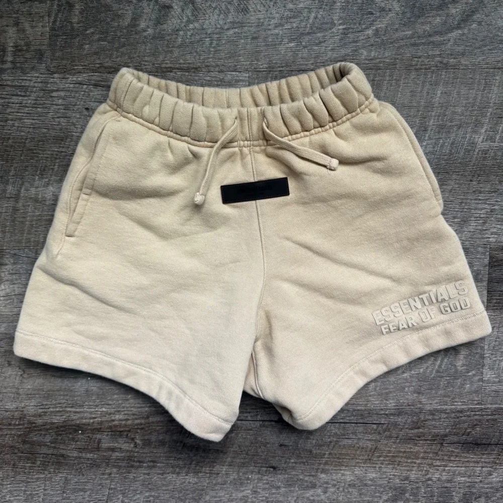 Fear of God Essentials Kids Sweat Shorts Small Tan Beige Relaxed Fleece Logo